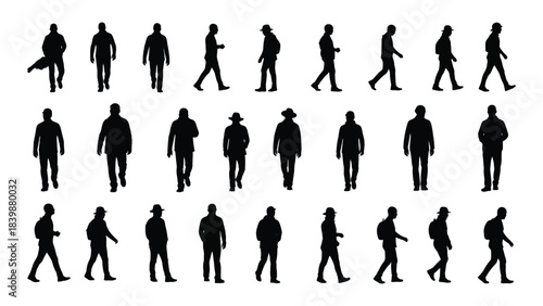 a collection of various human figures in different poses and clothing styles presented as a dark silhouette