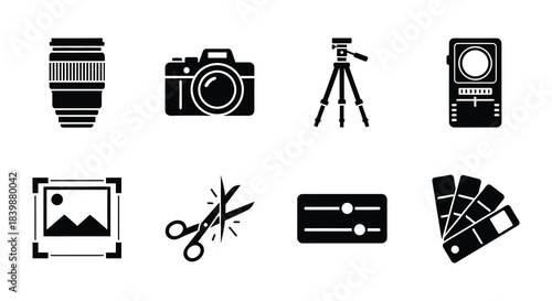 Photography equipment icons lenses cameras tripods and lighting tools displayed
