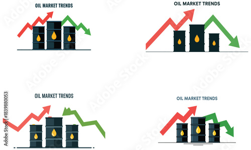 Oil Market Trends Illustration Set with Barrels and Rising and Falling Graph Arrows – Petroleum Price Fluctuation Concept
