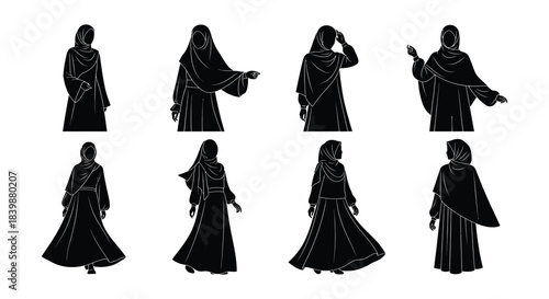 Silhouettes of women in traditional long dresses and head coverings