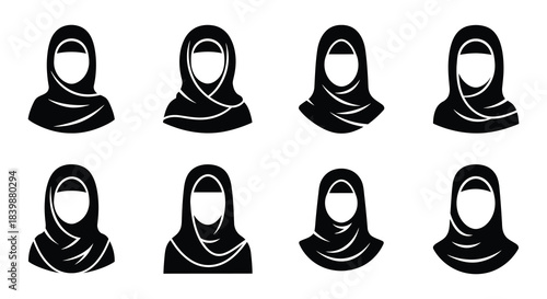 Black silhouettes of various niqab and hijab designs displayed in a grid
