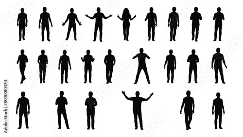 a collection of diverse human figures in various poses presented as dark shapes a striking silhouette