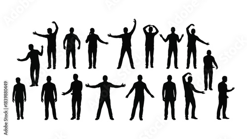 a collection of black silhouettes depicting diverse human figures in various dynamic poses and gestures silhouette