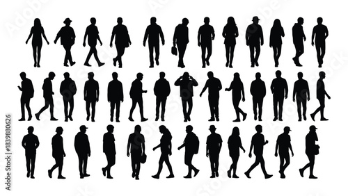a collection of diverse human figures depicted in various walking poses strikingly presented as a black silhouette
