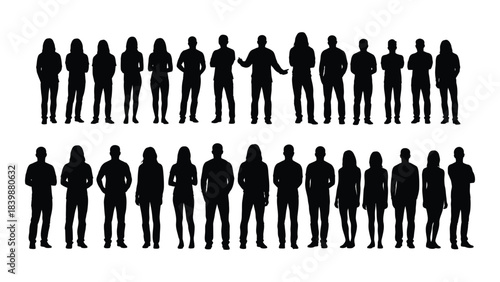 a collection of black human figures arranged in rows depicting a crowd or group silhouette