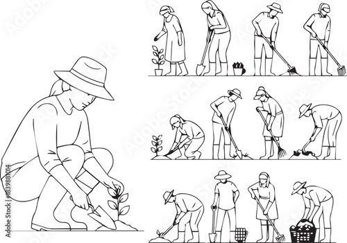 Gardener Performing Various Tasks in Garden Illustration
