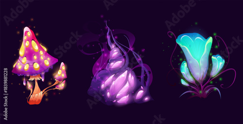 Fantasy magic plants, mushroom, flower and grass