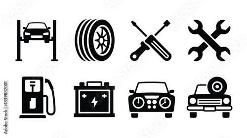 Car maintenance and auto service icons set with repair and fuel symbols

