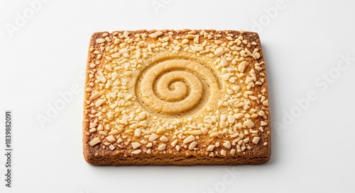Delicious square cookie decorated with a spiral pattern and nut pieces against clean white