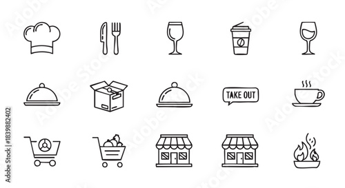 Outline icons representing food industry delivery and dining services catering