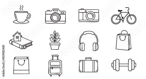 Outline icons related to travel lifestyle and hobbies on white background
