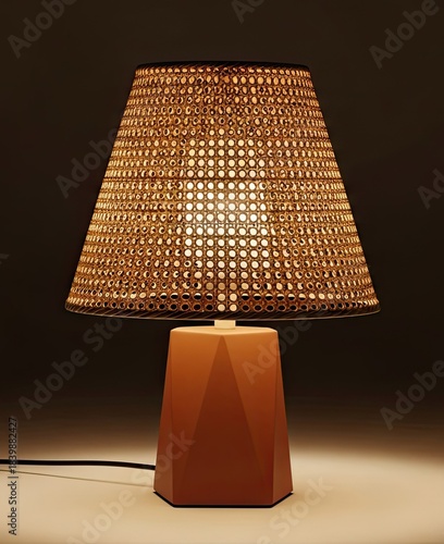 Elegant geometric lamp with wicker shade illuminates a cozy and modern interior space