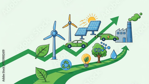 Green energy and sustainability concept with renewable resources electric cars and eco-friendly industry illustrating growth and environmental protection