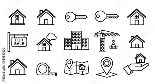 Real estate icons set representing property sale and home building