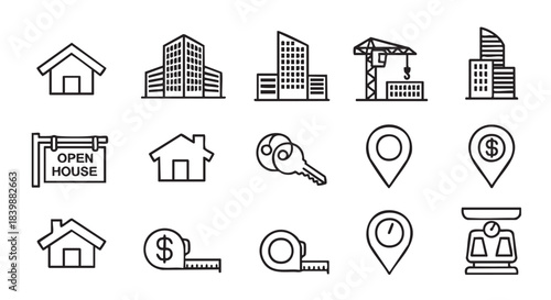 Real estate property house building icons investment and open house concept