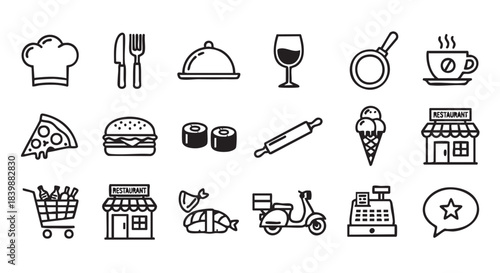 Restaurant food illustration with chef hat and food icons on white background