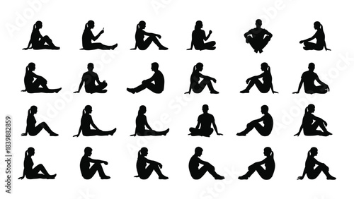 a collection of diverse human poses depicted in black ink representing yoga meditation and movement silhouette