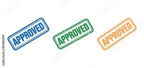 Distressed rubber stamp set featuring colorful APPROVED labels in blue, green, and orange for business, legal, and administrative validation use