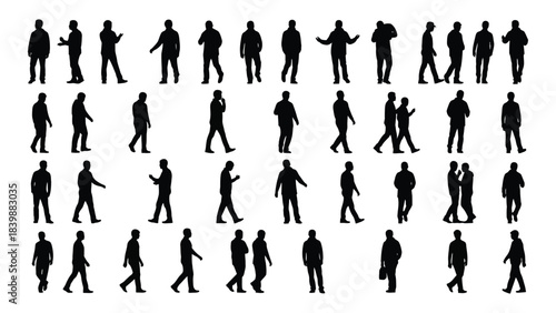 a diverse collection of human figures in various poses presented as dark silhouettes against a white background silhouette