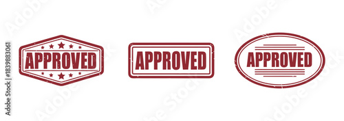 Red rubber stamp set with APPROVED text in hexagon, rectangle, and oval shapes with vintage texture