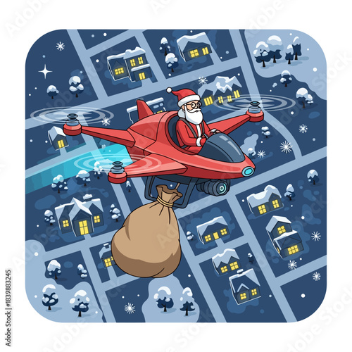 Ilustrasi vektor 2D: Sinterklas modern mengemudi drone merah ramping membawa hadiah di atas lingkungan bersalju malam, mewakili efisiensi logistik pengiriman liburan.