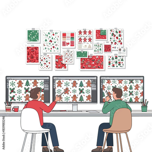 Flat 2D vector illustration of two designers on large screens creating cheerful Christmas repeating patterns with stylized gingerbread men, mistletoe, and snowflake icons.