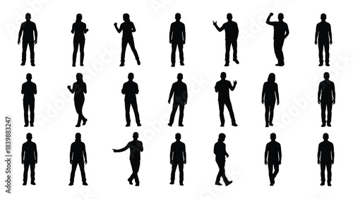 a collection of diverse human figures presented in stark black silhouettes showcasing various poses and dynamic actions silhouette