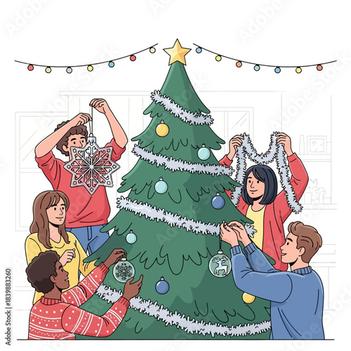 Ilustrasi vektor datar 2D yang cerah menunjukkan dewasa muda beragam menggantung ornamen kaca besar dan tinsel pada pohon Natal raksasa di ruang tamu modern yang nyaman.