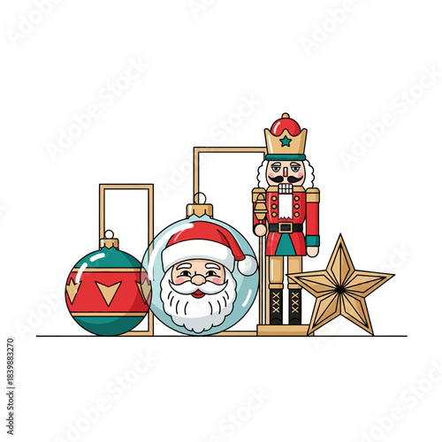 Ilustrasi vektor 2D minimalis dari koleksi ornamen Natal geometris di meja putih: pemecah kacang kayu, bintang, dan bola kaca yang memantulkan wajah Sinterklas.