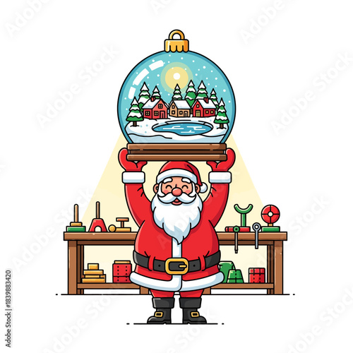 Ilustrasi vektor datar 2D yang hidup ini menggambarkan Sinterklas yang periang sedang memegang ornamen bola salju reflektif besar berisi desa musim dingin mini di dalam bengkelnya yang sederhana.