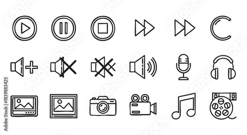 Set of multimedia interface icons play pause stop volume camera photo