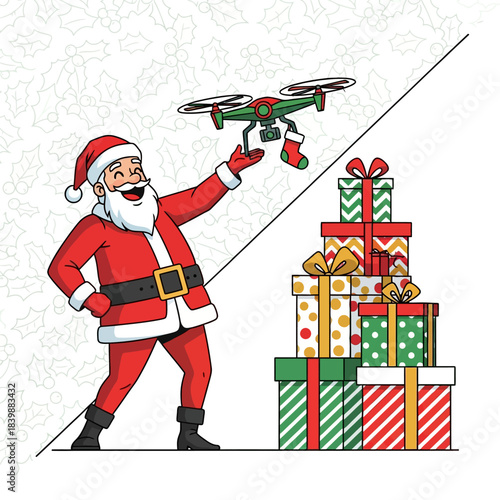 Dynamic flat 2D vector illustration shows a modern Santa Claus launching a tiny drone carrying a Christmas stocking, standing next to a tall stack of oversized, patterned gift boxes.