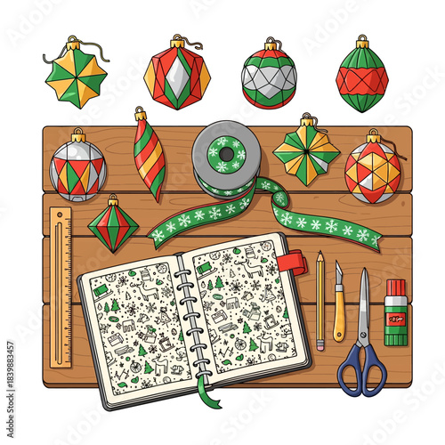 Vibrant 2D vector overhead illustration of a rustic workbench organized with Christmas ornaments (stars, bells, gingerbread), festive ribbon, and a sketchbook displaying a colorful repeating motif.
