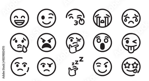 Set of simple black and white expression emoticons representing various emotions