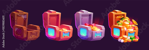 Futuristic game icons of boxes with money