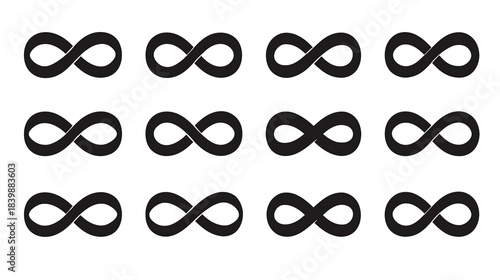 Twelve dark stylized infinity symbols arranged in a three by four grid pattern against a solid