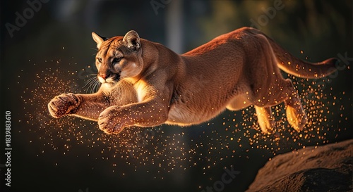 Magnificent mountain lion captured in mid-air leap, embodying power and agility