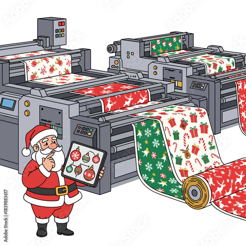 Flat 2D vector illustration showing a busy industrial holiday production shop manufacturing large fabric rolls featuring colorful Christmas seamless patterns, supervised by a stylized Santa figure.