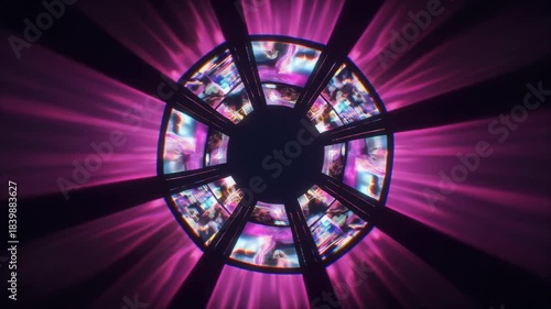 Abstract tunnel of screens with bright pink light beams radiating outwards