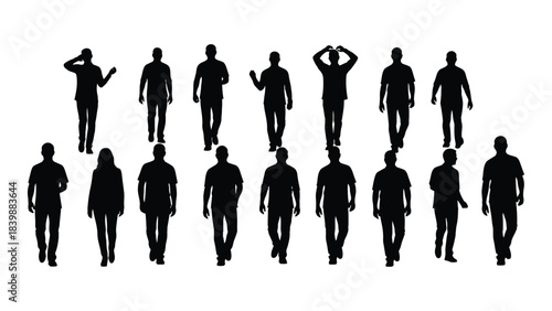 a collection of diverse human figures depicted in black standing and walking poses presented as a striking silhouette