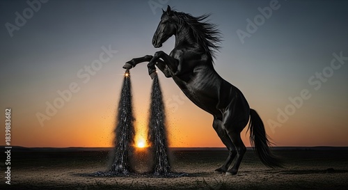 Majestic black stallion rearing up against a vibrant sunset landscape background image