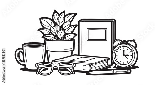 Simple office desk monochrome illustration with plant cup and glasses