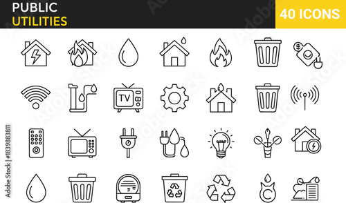 Black and White Outline Vector Set for Energy, Water, Waste, Fire Safety, and Home Maintenance
