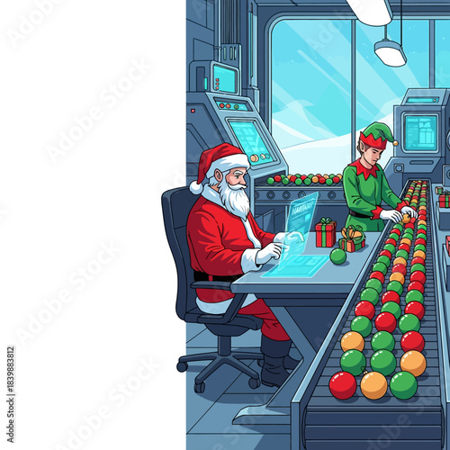 Ilustrasi vektor 2D datar menampilkan Sinterklas yang meninjau manifes digital di tablet di bengkel modern yang cerah, sementara peri mengorganisir ornamen Natal berwarna-warni di ban berjalan.