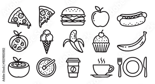 Simple Outlined Food Illustrations Featuring Pizza Burger Ice Cream and Soup