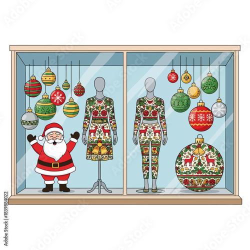 Vibrant flat 2D vector scene showcasing a festive Christmas storefront window display with holiday-attired mannequins, giant hanging baubles, and a friendly Santa illustration greeting passersby.