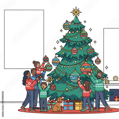 Ilustrasi vektor 2D keluarga multiras bahagia menghiasi pohon Natal di ruang tamu, bekerja sama memasang bintang dan ornamen, dengan anjing peliharaan menonton.