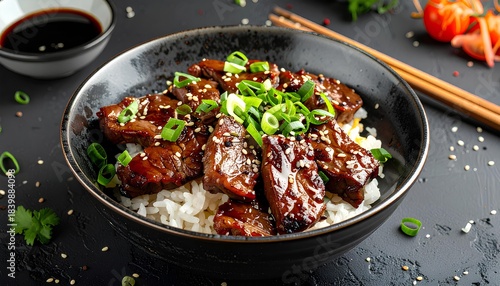 beef teriyaki with rice in a bowl