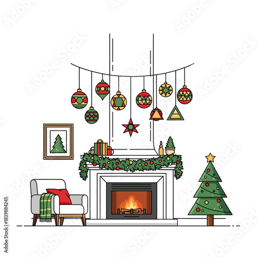 Flat 2D vector illustration: Warm, festive living room interior with a cozy fireplace decorated with garland and vibrant geometric Christmas ornaments, capturing a serene holiday evening.