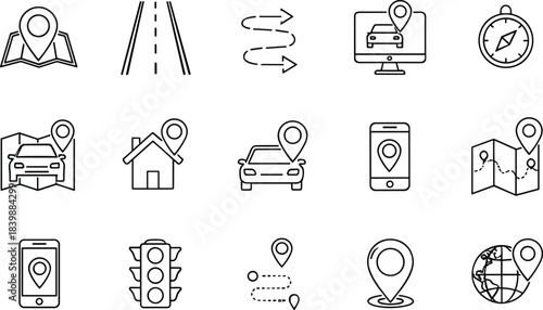 Ultimate Outline Icon Set for Automotive Services, GPS Map Navigation, Global Location Tracking, Road Transport, and Delivery Logistics Vector Graphics.